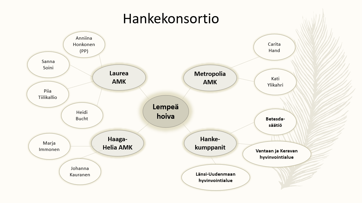 Kuvattuna hankekonsortio ja nimettynä tekijät: Laurean, Metropolian ja Haaga-Helian amkeista sekä hankekumppanit eli VaKeHyva, LUVN ja Betesda-säätiö