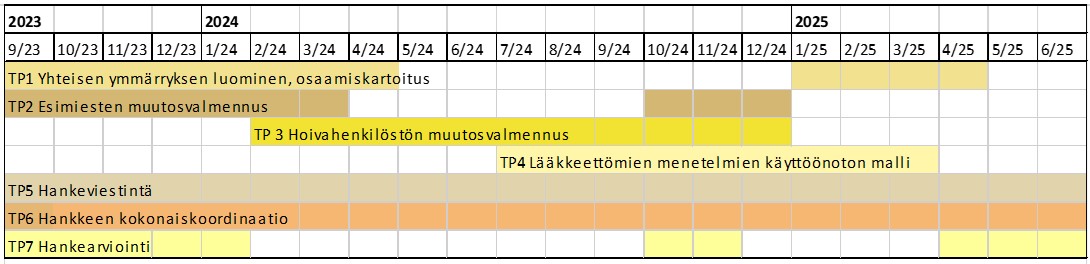 GANTT-kaavio hankkeen työpaketeista ja niiden ajoittumisesta syyskuun 2023 ja kesäkuun 2025 välille.