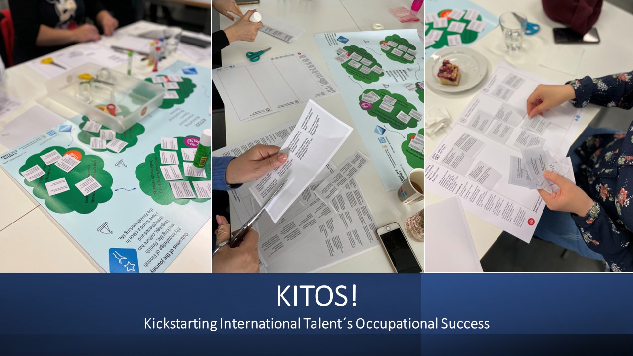 Kuvakollaasi KITOS! -työpajoista, joissa on pelattu KITOS!-pelilaudalla sekä tehty omaan työllistymiseen liittyviä tiekarttoja.