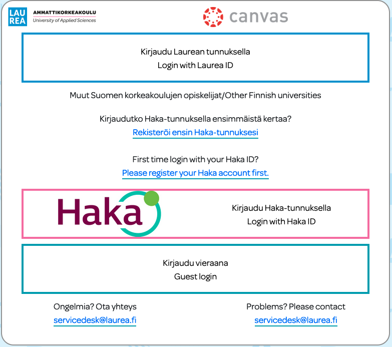 Kuvakaappaus Canvasin kirjautumisvalikosta