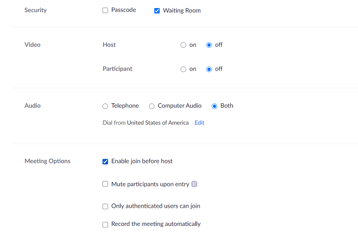 Kuvassa valittu tapaamishuoneen asetuksista kohdasta Meeting Options valinta Enable join before host