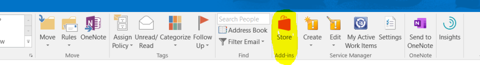 Outlook-yläpalkki, jossa kohta Store ympyröity