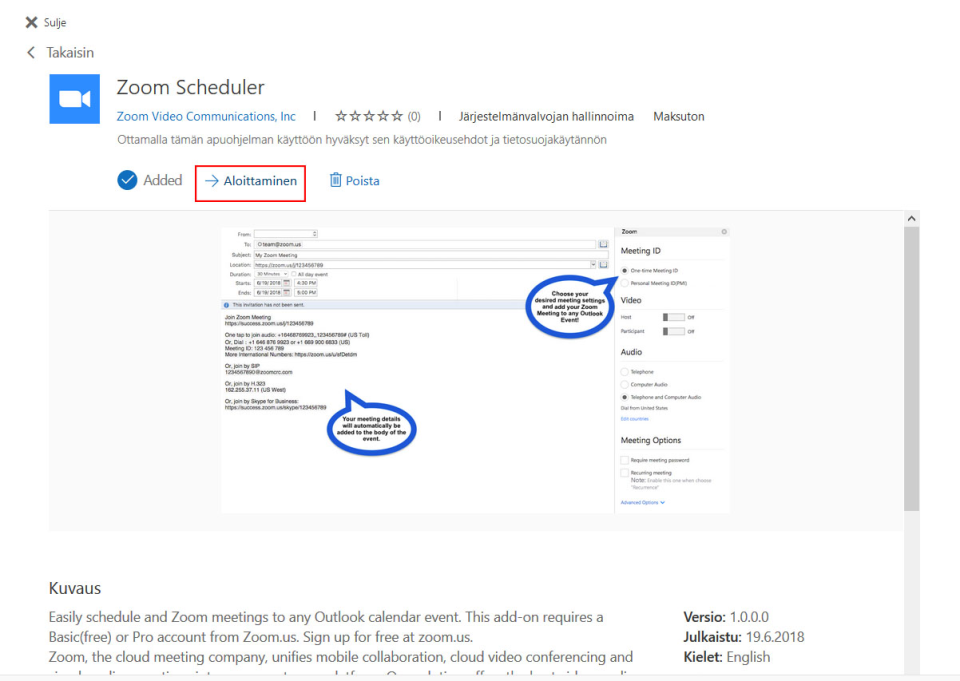 Zoom Scheduler -ohjelma avattu haussa ja painettu Lisää ja Aloittaminen -painikkeita