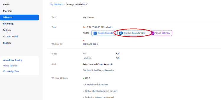 Kuvassa Webinaarin asetuksissa ympyröity kohta Outlook Calendar (.ics) -painike