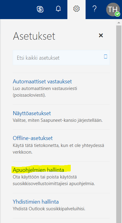 Kuvassa Outlookin asetukset, jossa ympyröity kohta Apuohjelmien hallinta