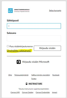 Kirjautumisikkuna, jossa "Unohditko salasanasi?" merkittynä
