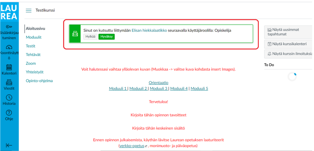 Canvas-näkymä, jossa valinta kurssikutsun hyväksymisestä.
