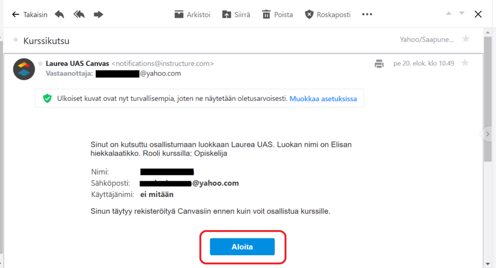 Avattu sähköposti, jossa on Canvas-kurssikutsu ja Aloita-painike.