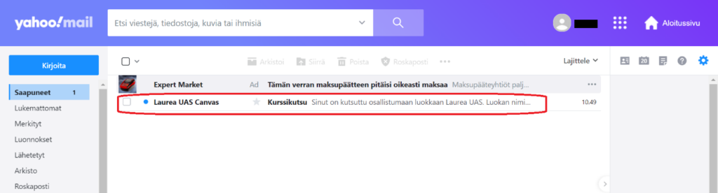 Kuvassa sähköpostilaatikko, johon on tullut uusi viesti, joka sisältää Canvas-kurssikutsun.
