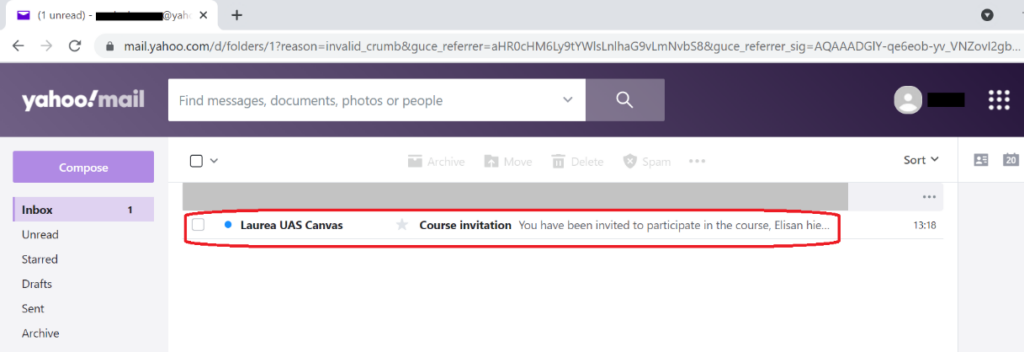 The image shows an email inbox with a new message containing a Canvas course invitation.