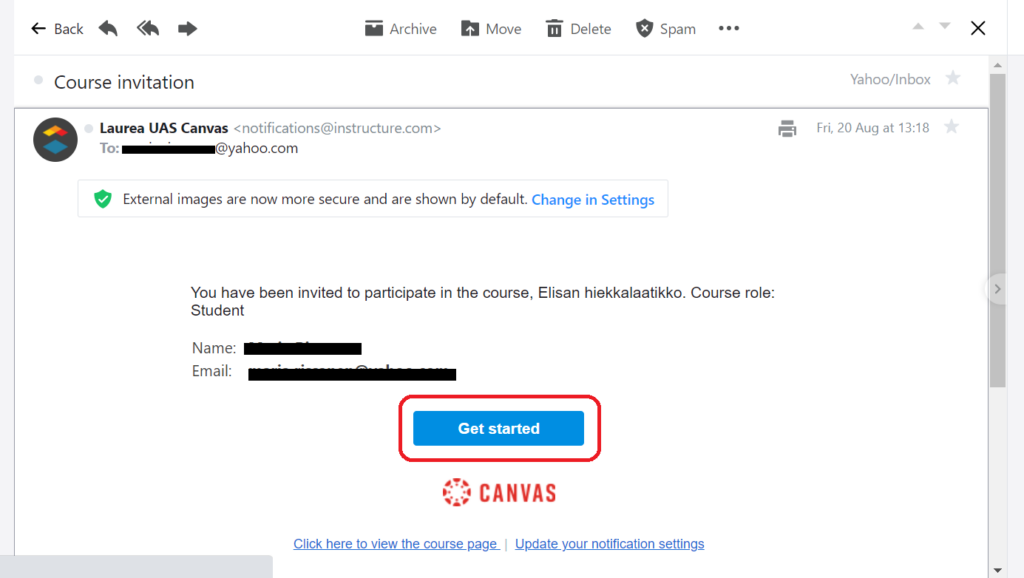 Opened email containing the Canvas course invitation and the Get started button.