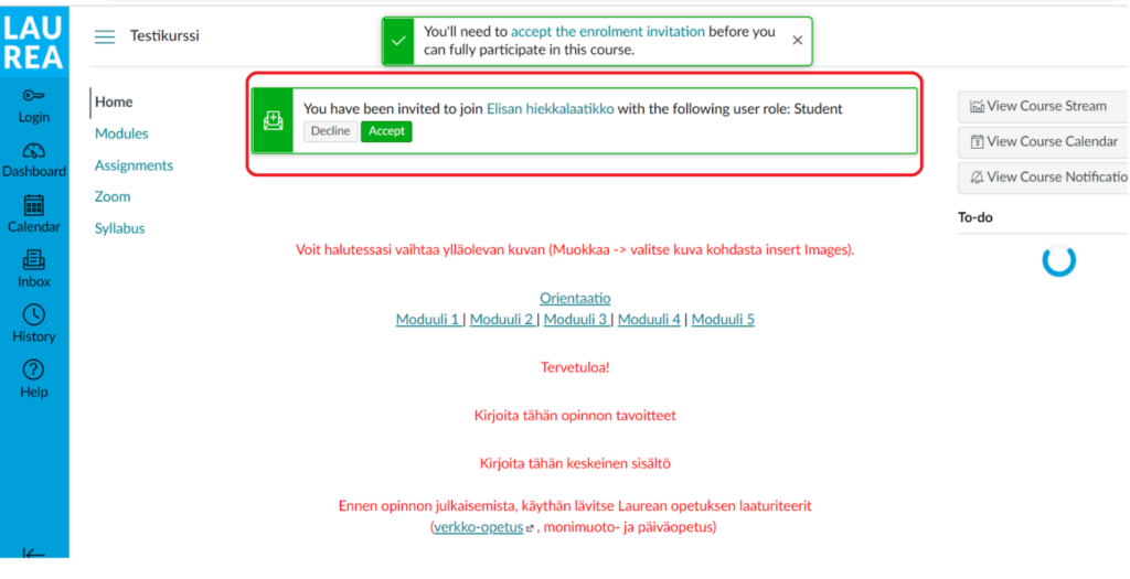 Canvas view showing the option to accept the course invitation.