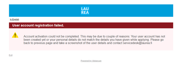 IAM portal error message "user accont registration failed" when account activation could not be completed.