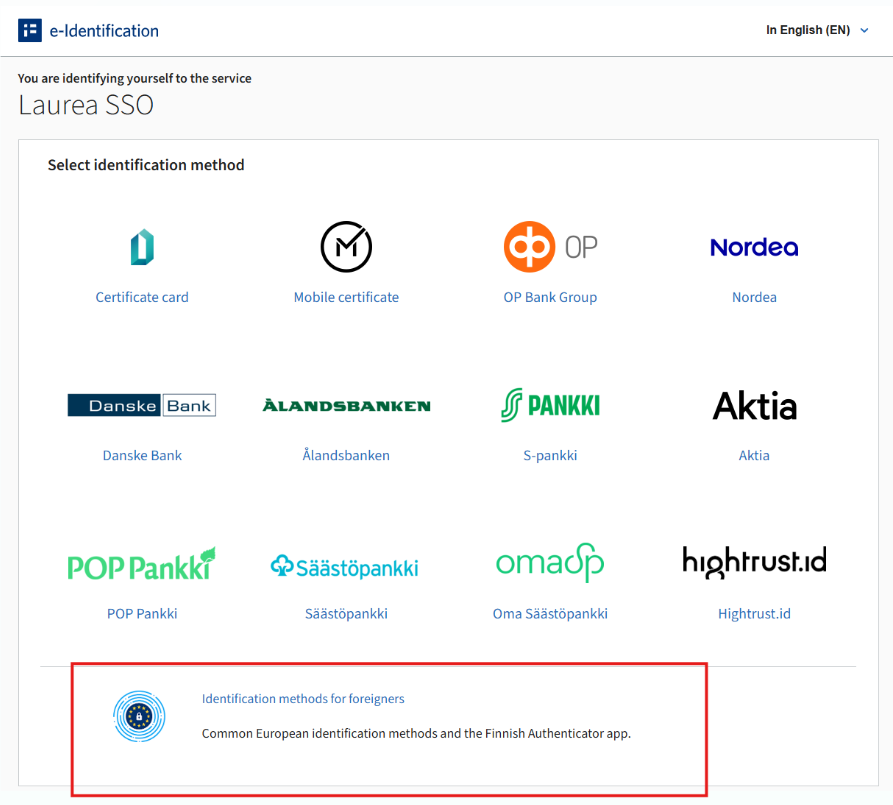 Suomi.fi e-identification page for choosing a right identification method