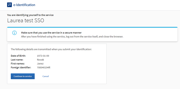 suomi.fi e-identification page showing user's details that are being transmitted when submitted.