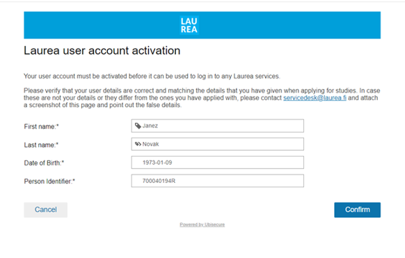 IAM portal page "Laurea user account activation" showing user's information to be verified by the user.