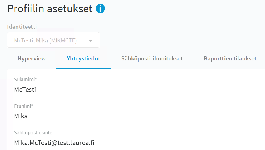 Yhteystiedot-välilehti valittuna IAM-portaalista, sähköpostiosoite näkyy tekstin "Sähköpostiosoite" alla.