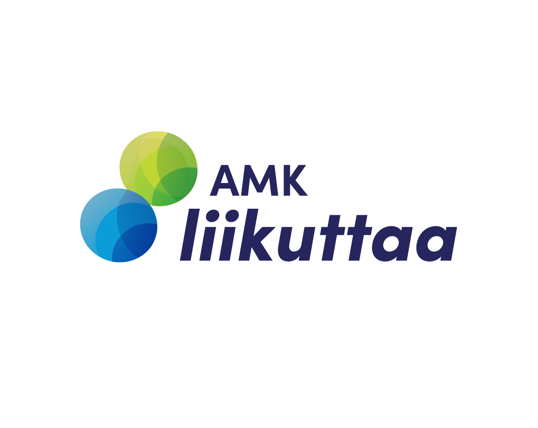 Logo, jossa on kaksi päällekkäin olevaa pyöreää muotoa vihreässä ja sinisessä. Teksti "AMK liikuttaa" on kirjoitettu niiden oikealla puolella.