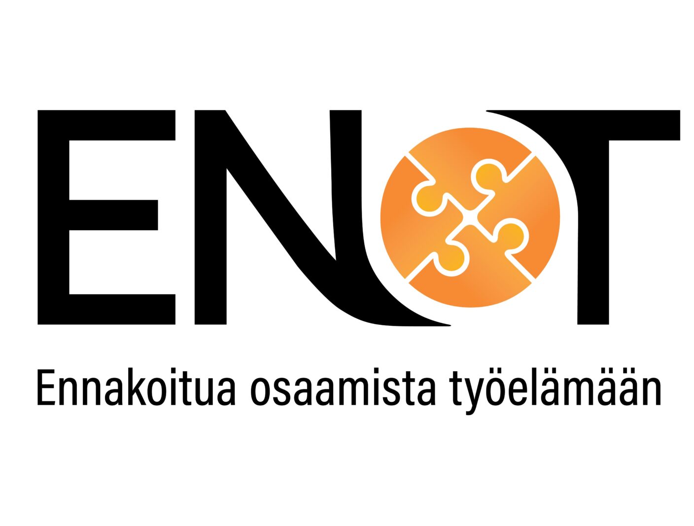 ENOT-logo, jossa on oranssi palapelin palanen O-kirjaimen sisällä. Teksti alla: 'Ennakoitua osaamista työelämään'.
