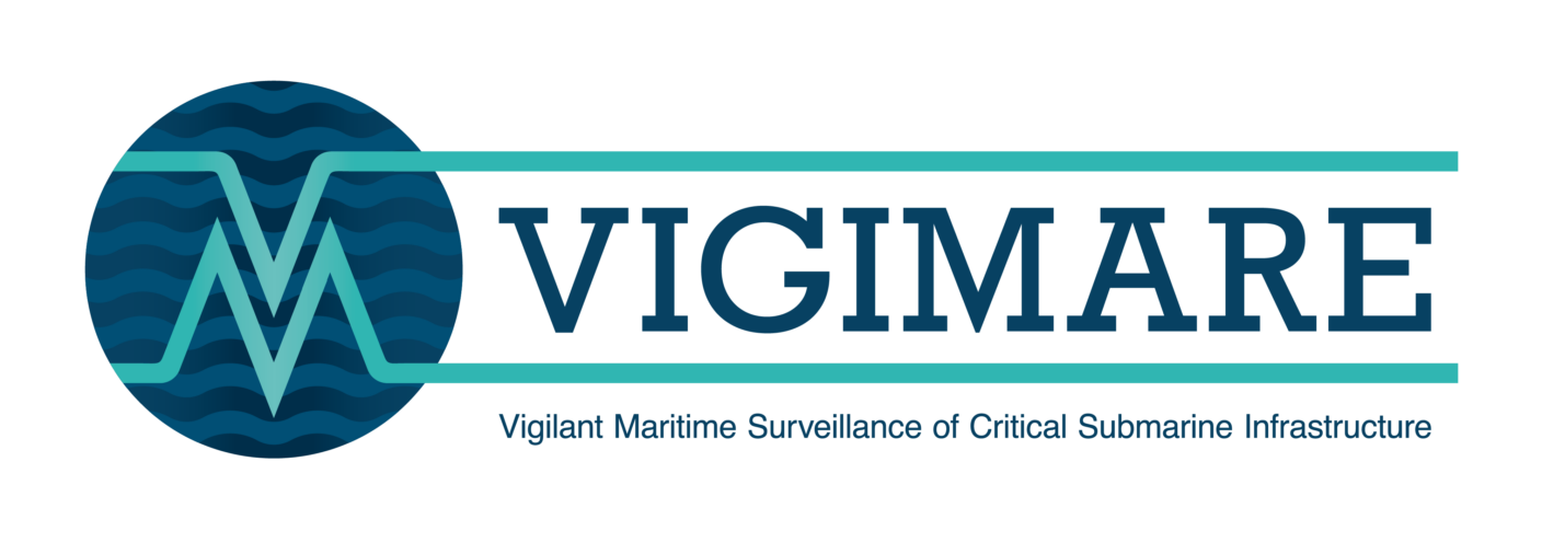 VIGIMARE logo featuring a circle with waves and the word 'VIGIMARE'. Subtitle: 'Vigilant Maritime Surveillance of Critical Submarine Infrastructure'.