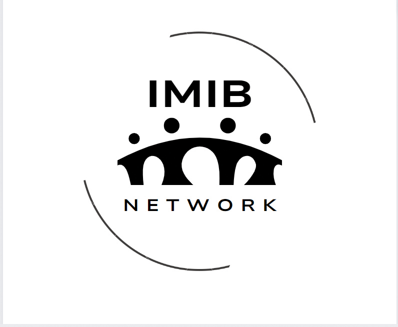 IMIB Networkin logo, jossa on kolme yksinkertaista ihmishahmoa kaarevan viivan päällä ja teksti "IMIB NETWORK" mustana valkoisella taustalla.