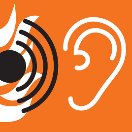 The image shows white flames of fire and black sound waves on the left against an orange background. On the right side of the image is a large white ear with a hearing aid.