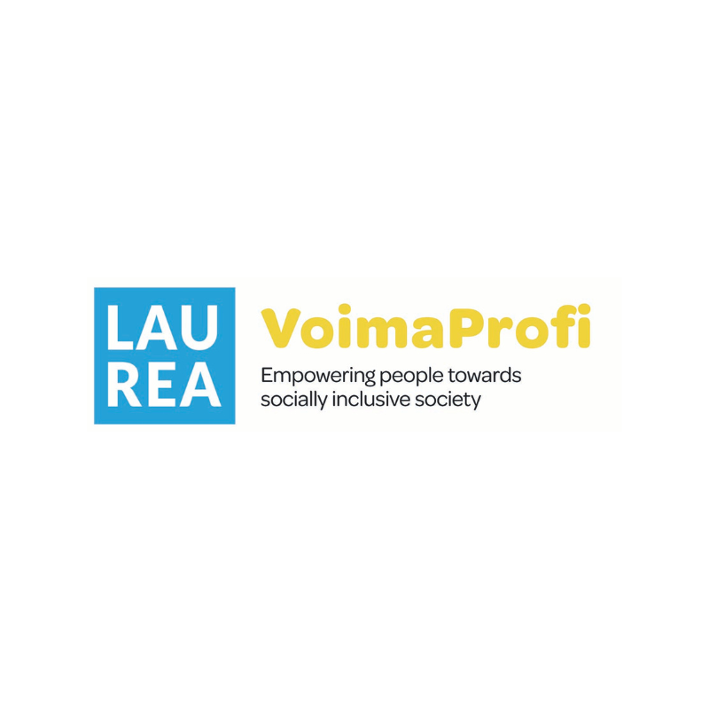 Kuva näyttää Laurea-ammattikorkeakoulun logon sinisellä taustalla ja VoimaProfi-tekstin keltaisella. Alla lukee englanniksi: 'Empowering people towards socially inclusive society'.