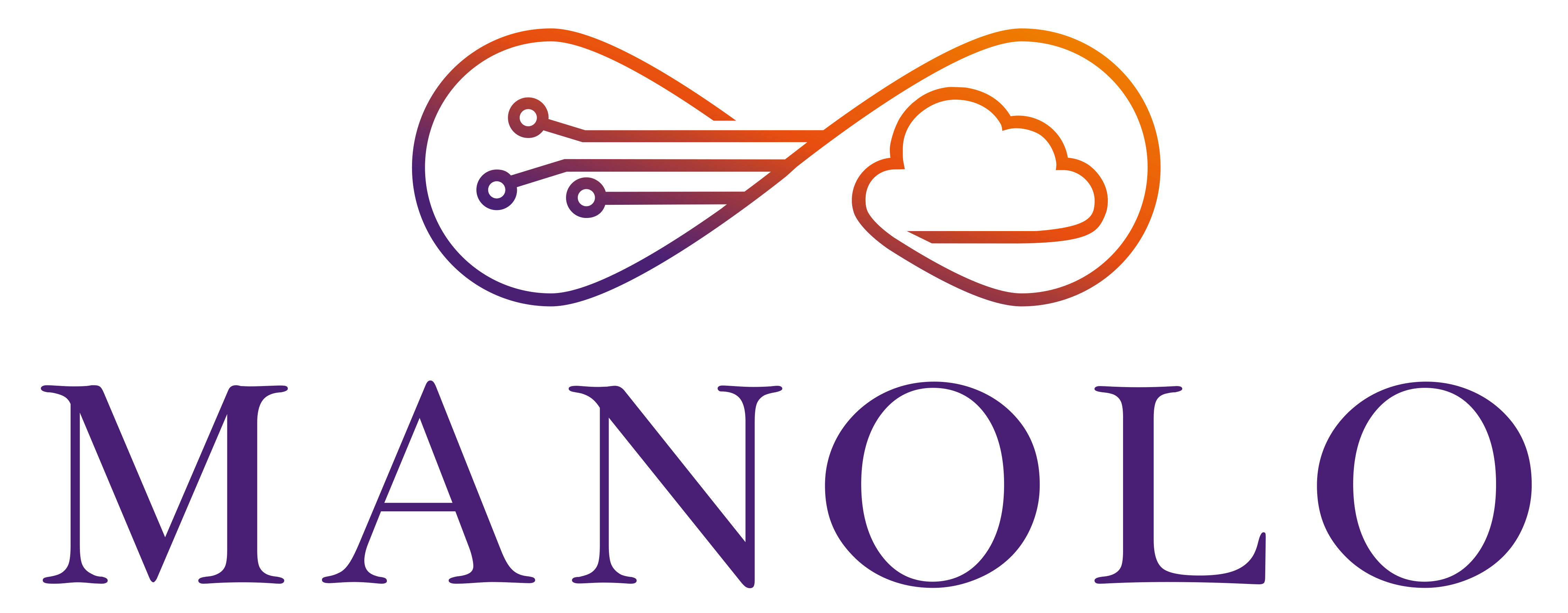 Manolo-logo, jossa on oranssi ja violetti pilvi ja piirilevy yhdistettynä äärettömyyden symboliin.