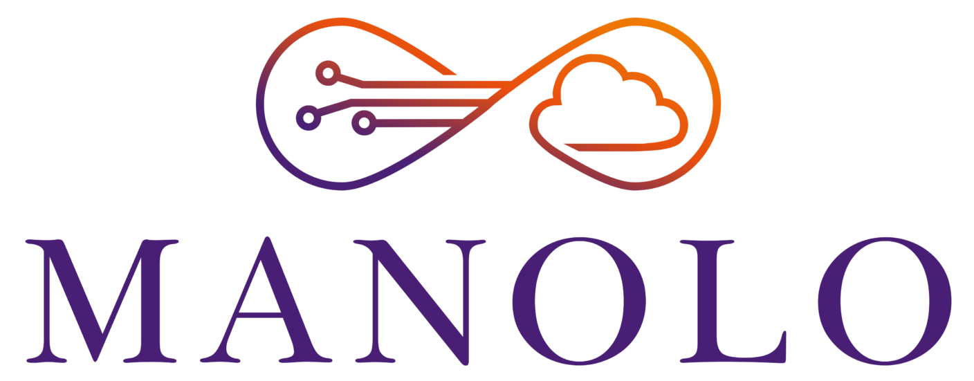 Manolo logo featuring a cloud and circuitry symbolizing technology in orange and purple hues.